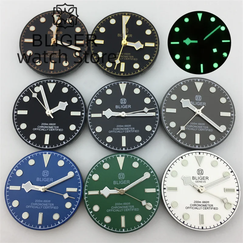 BLIGER-Dial de 29mm, puntero de cinta, color negro, gris, verde, azul y blanco, ajuste luminoso verde, NH35, NH36, ETA2824, PT5000, Miyota DG,