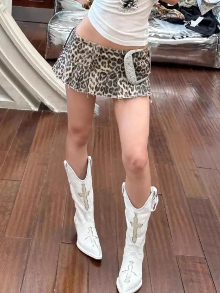 Minifalda vaquera con estampado de leopardo y diseño de calle alta Y2k Spice Girl Falda plisada de cintura baja para mujer
