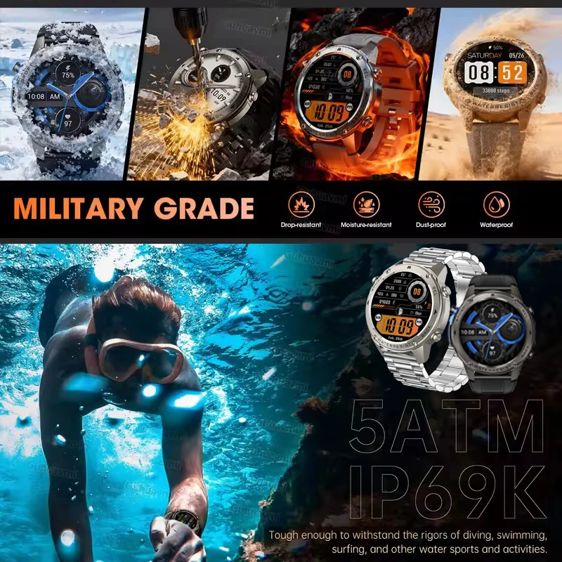 2026년 신형 아웃도어 군용 GPS 트랙 스마트워치 5ATM 방수 내장 듀얼밴드 GNSS 나침반 수영 스포츠 스마트워치 남성용