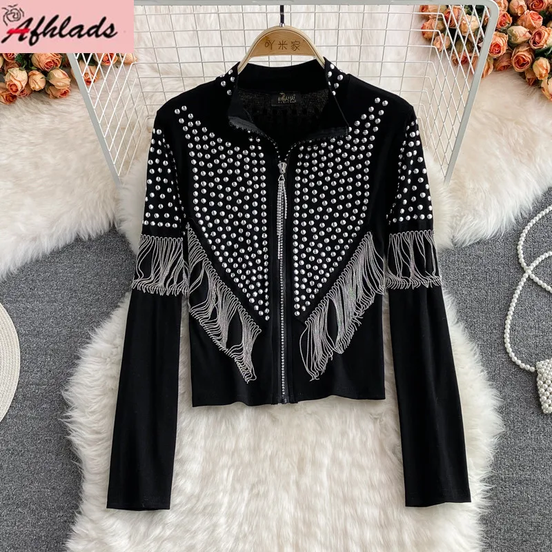 Autumn Loose Hip-Hop Chain Tassel Cardigan Coat Women's Outerwear Spring New Luxury High Quality Stand Collar Black Coats