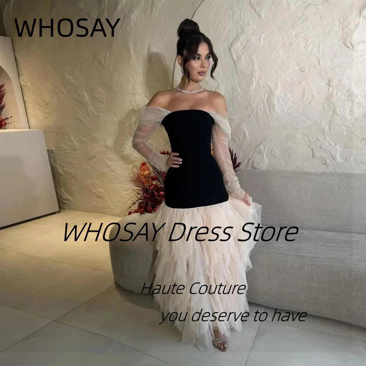 

WHOSAY Contrast Color Prom Dresses Long Sleeves فساتين حفلة موسيقية Ruffles Tulle Evening Party Gown Customized