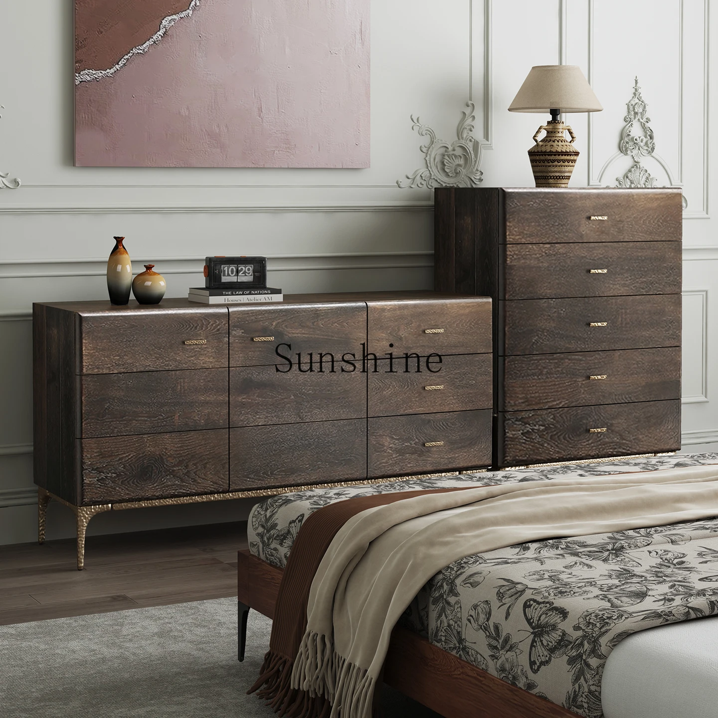 Nordic furniture bedroom five buckets all solid wood balcony living room retro TV side cabinet