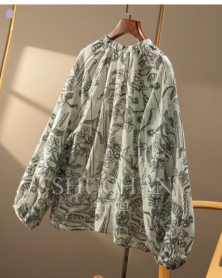 Ethnic Style Print 100 Linen Round Neck Long Sleeve Shirt Women 68C3 Blouses for Women Fashion 2025