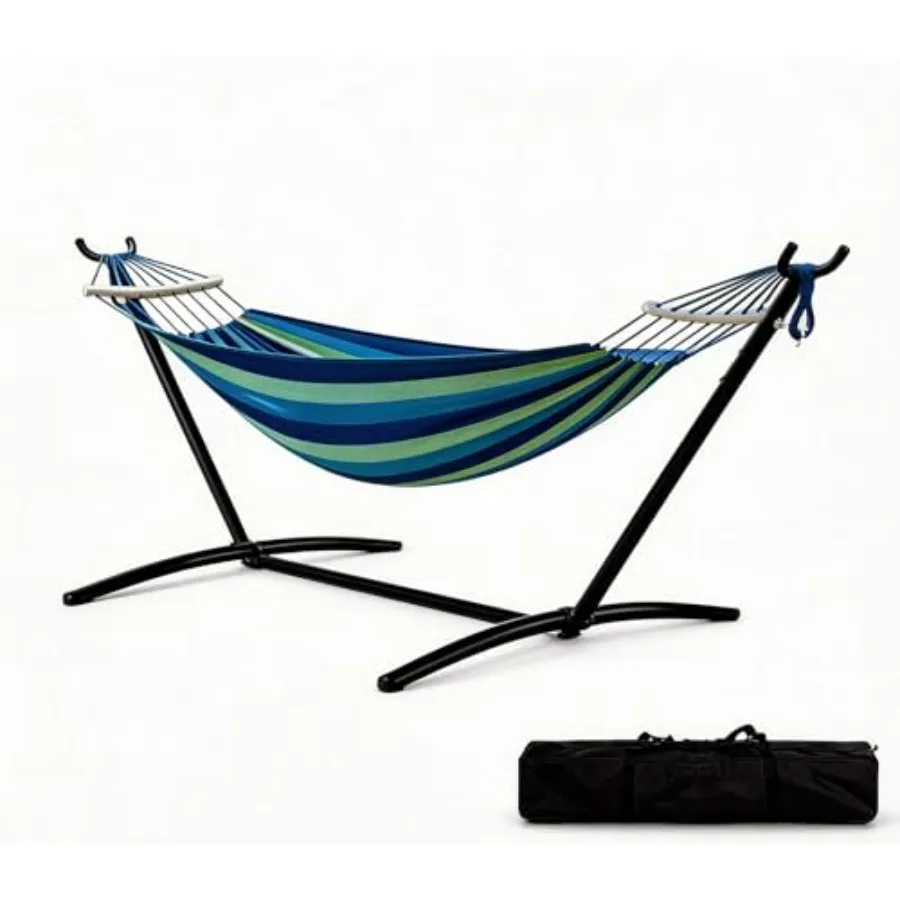 2 Person Heavy Duty Outdoor Indoor Patio Double Hammock with Space Saving Steel Stand 450 Lbs Capacity Includes Carrying Bag Du