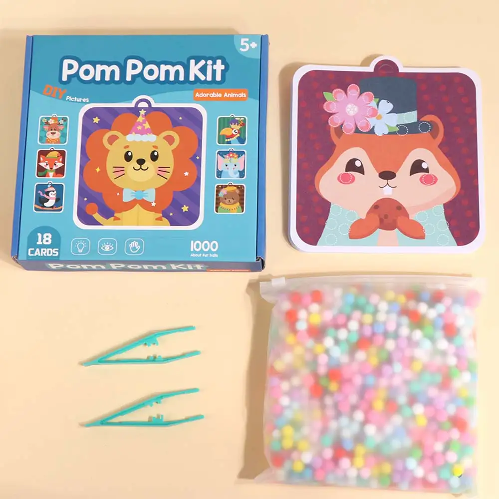 Handgefertigtes Material Kinder-Stickerbuch Pädagogisches Haarball-Tier-Pompom-Kunstset Montessori Frühes Lernen Pompom-Bastelset