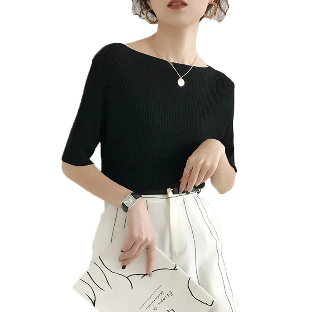

Women's Korean-Style Mid-Sleeve Off-Shoulder Ice Silk Knitted Sweater Thin Elegant Summer Top with Collarbone All-Match