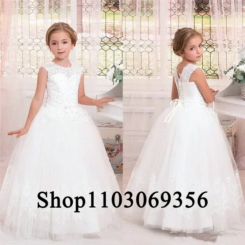 Custom Made Flower Girl Dresses A-LINE Lace Sleeveless Floor-Length Princess Dress for Wedding Bridesmaid First Communion Gown