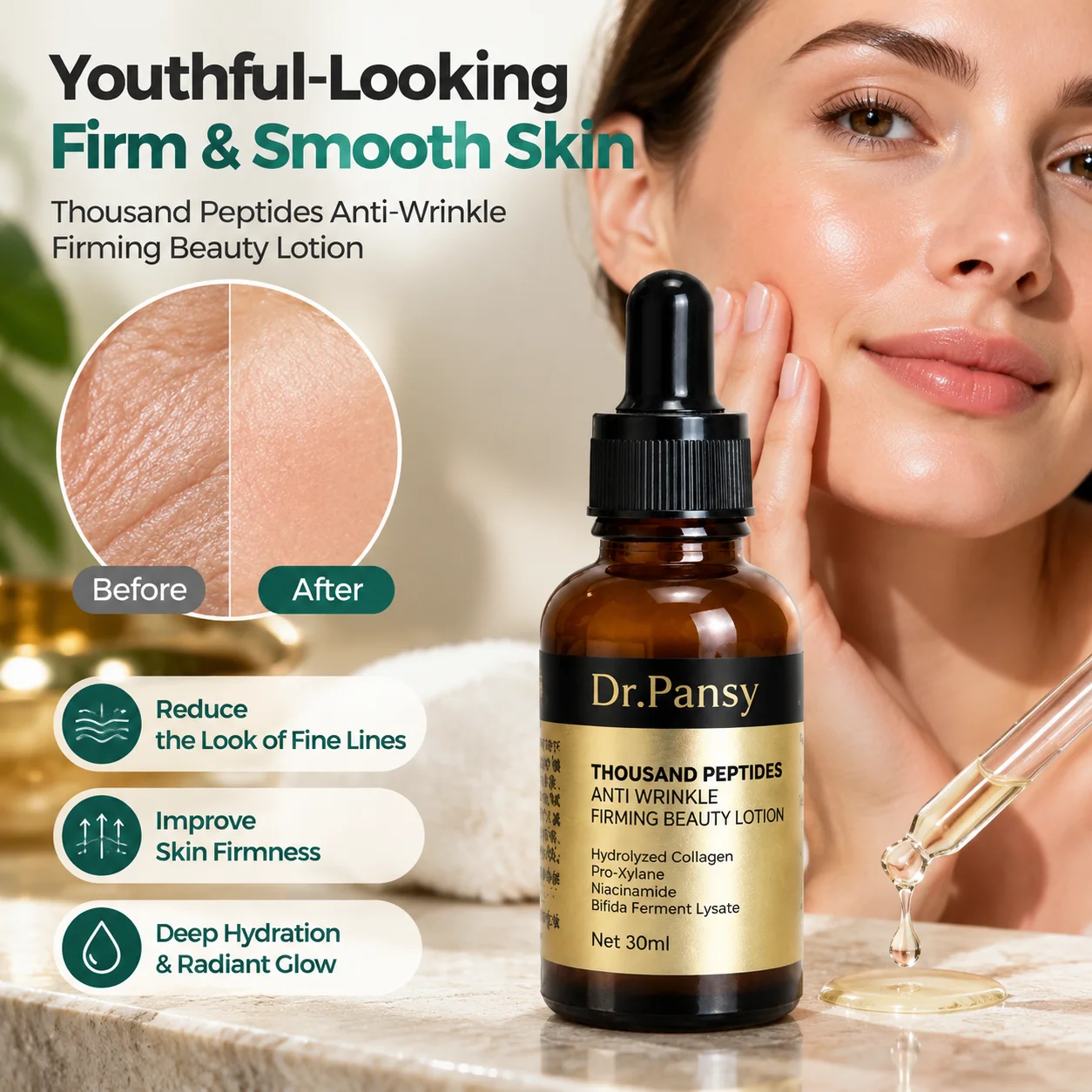 Dr.Pansy Thousand Peptides Anti-Wrinkle Firming Beauty Lotion with Niacinamide Pro-Xylane for Hydrating Smoothing 3