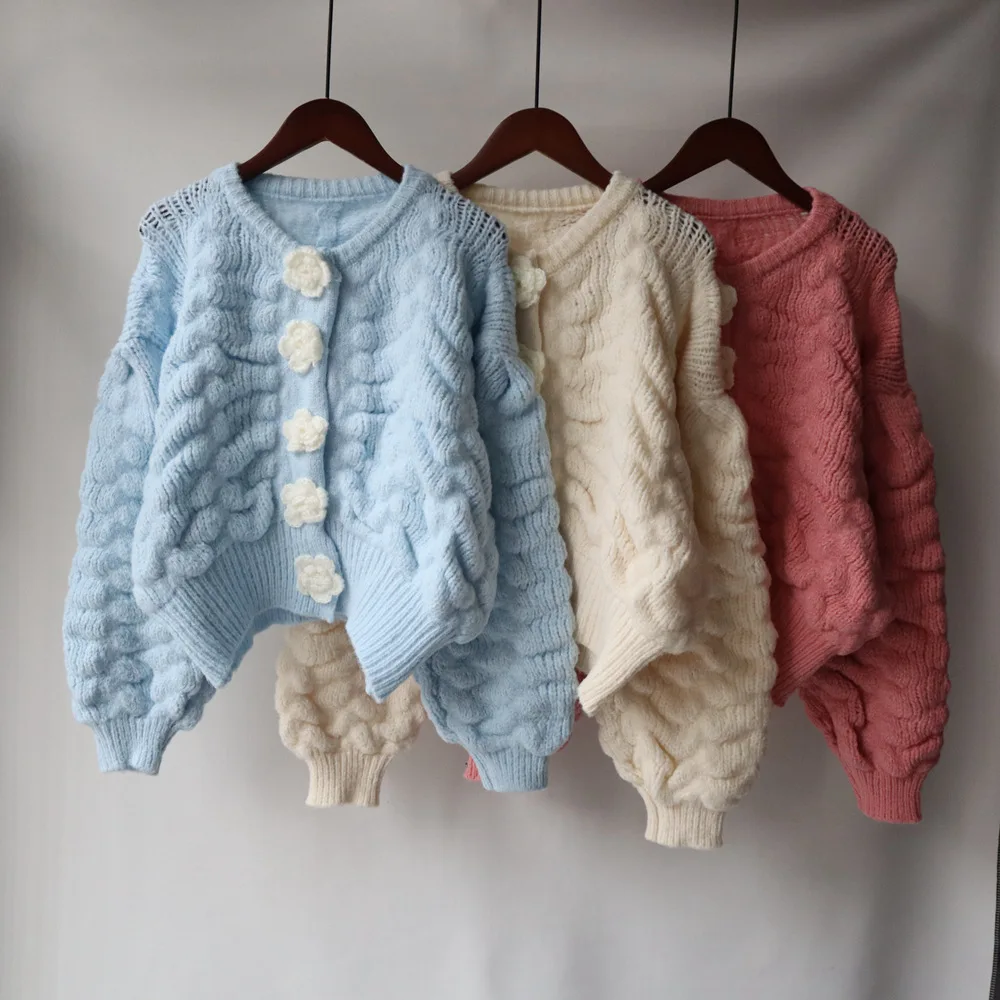 

Korean Fashion Flower Sweater Knitting Cardigan Women Autumn Winter Sweet Cute Short Knited Jacket Soft Pink Blue Female Outwear