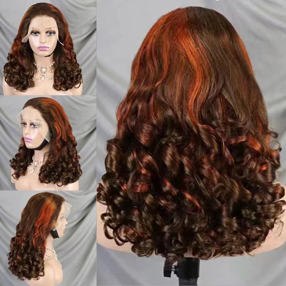 Wig rambut manusia keriting memantul coklat coklat 13x4 Wig keriting renda Frontal transparan Wig gelombang longgar ketebalan 300% rambut Remy untuk wanita