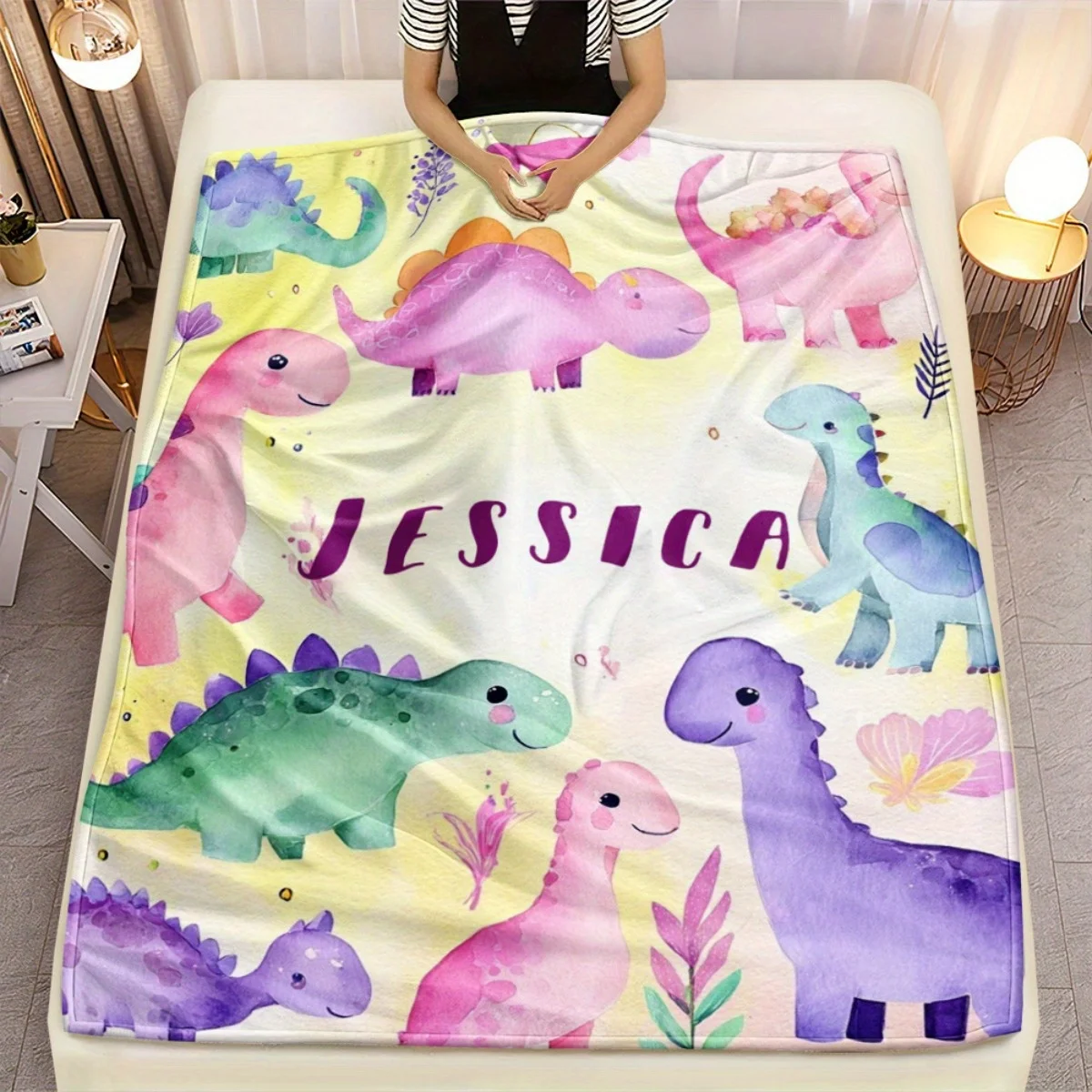 1 Customized Dinosaur Blanket with Personalized Names and Numbers (Letters & Numbers)   Soft Flannel Bed Cover, Adorable Dinosau