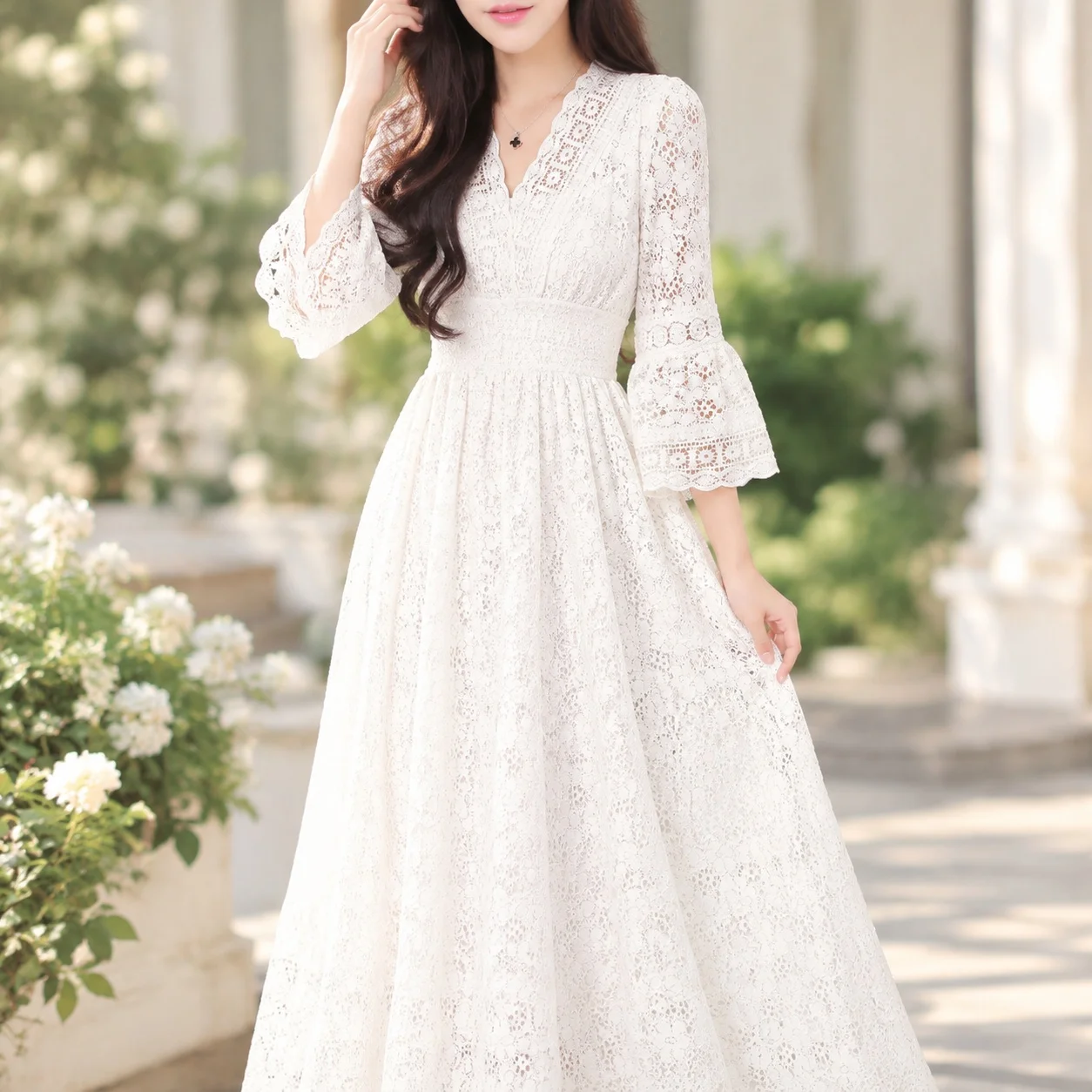 One Pullover Dress Maxi Length Sweet and Fresh with Commuter Chic Mid Waist Flower Pattern Flared Sleeves Fit Dresses for Women