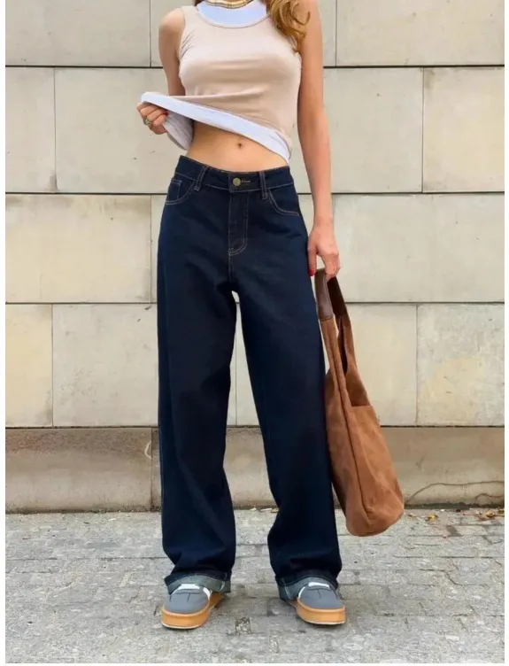 2026 Women's Y2K Dongdaemun Navy Wide Leg Denim Pants Loose Fit Draped Trousers Casual Spring Drag Length Jeans