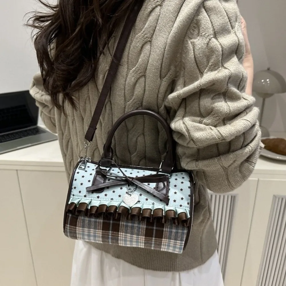 Retro Portable Bow Polka Dot Handbag Color-blocked Exquisite Bowler Bag Lightweight Lace Trim Crossbody Bag Daily Use