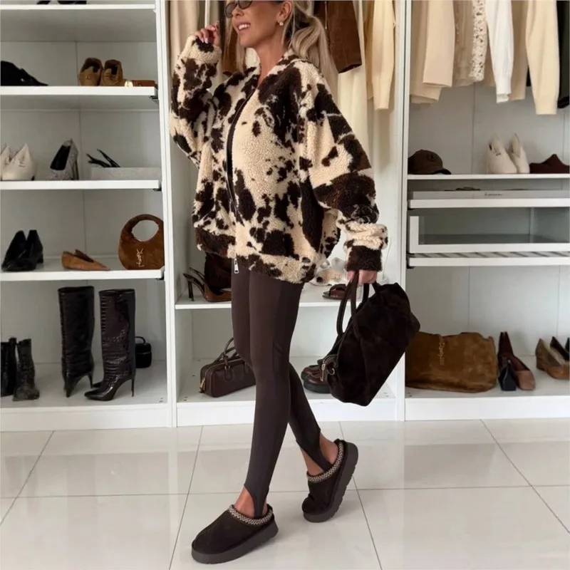 Women's Autumn Warm Plush Jacket Cow Spots Pattern Soft Zipper Coat Fashion Street Outerwear  Women Tops