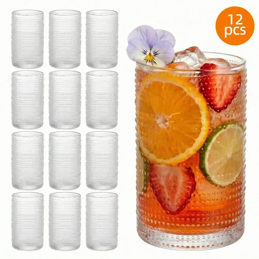12/16pack Hobnail Drinking Glasses, 12 Oz Highball Glasses & 10 Oz Cocktail Glasses , Clear Embossed Boho Glass Cups Kitchen Bar
