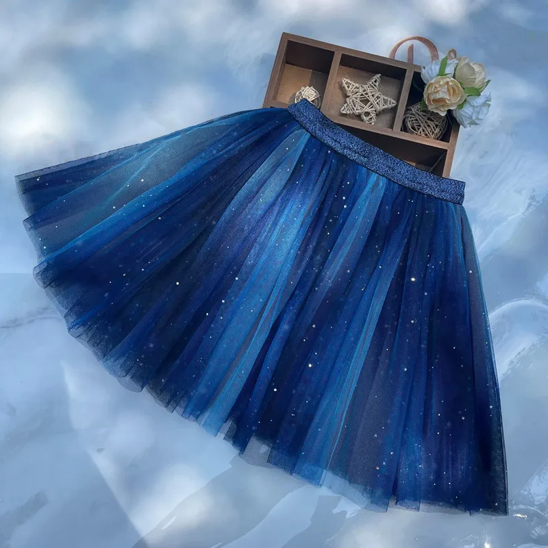 DE PEACH Fashion Baby Girls Lace Tutu Skirts Spring Summer Kids Princess Blue Fluffy Tulle Skirt Children Party Dance Costume
