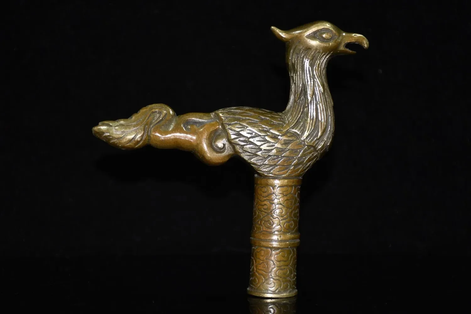 Chinese Brass Copper Hand Carved Cane Walking Stick Head Handle Phoenix Statue