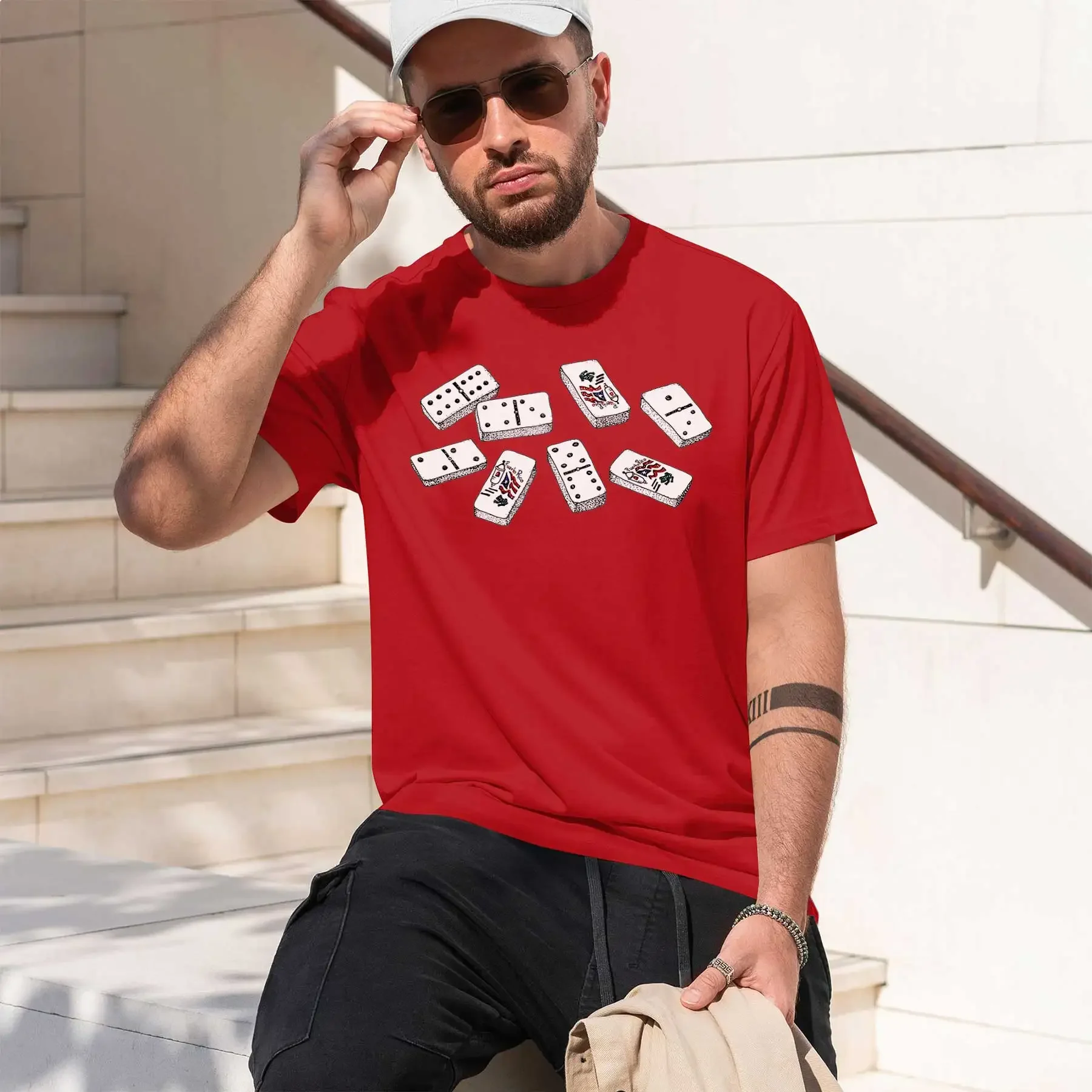 T-shirt rond à col rond imprimé rétro tendance et lourd, nouvelle collection 2026, Dominos De Puerto Rico, pour un confort