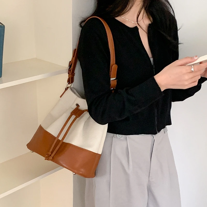 

Patchwork canvas women Bucket Shoulder Bag Brand design Drawstring Ladies handbag Designer Female Large Totes bolsas