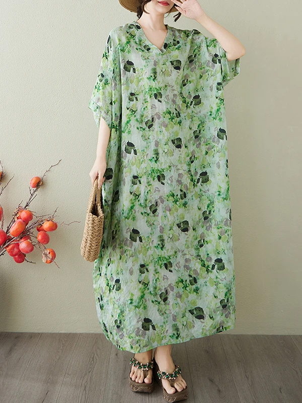 V-Ne Batwing Sve Stripe Long Dr Knee-Length Cotton Linen Blend Travel Casual Summer Floral Print Loose Fit Maxi Dr