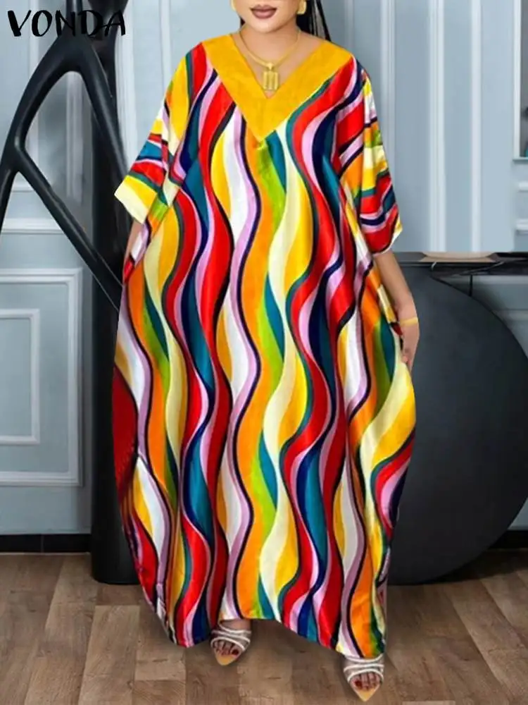 Plus Size Women Dress 2024 Bohemian Printed Party Maxi Long Sundress VONDA Sexy Half Sleeve Dress Casual Loose Robe Vestidos