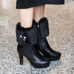 Womens Ankle Boots Bowtie Lovely Lolita Winter Fashion High Heel White Black Fur Ladies Party Wedding Shoes 35-42