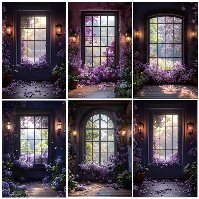 

Romantic Window Flowers Photography Backdrop Vintage Door Wisteria Floral Adult Maternity Baby Shower Portrait Photo Background