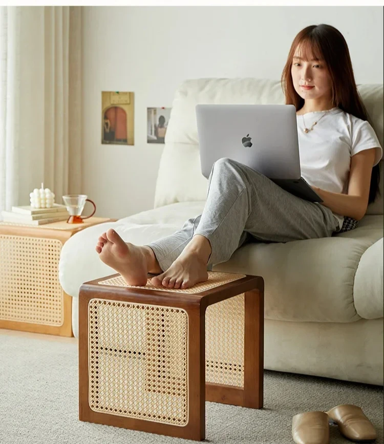 35x35x35cm Coffee Table Books Retro Living Room Side Table Solid Wood Rattan Nightstand Creative Multi-functional Step Stool