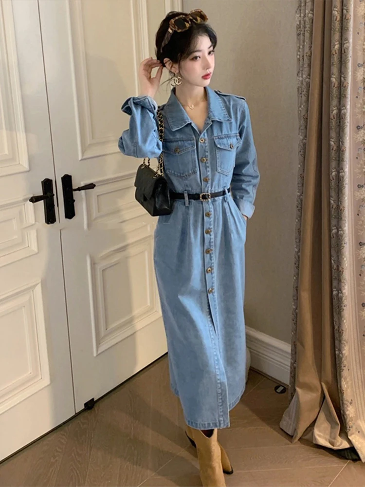 E Forever Spring New Style Women's Waist-Cinching Denim Dress Hong Kong Style Retro Chic Shirt Dress Ladies Fashion