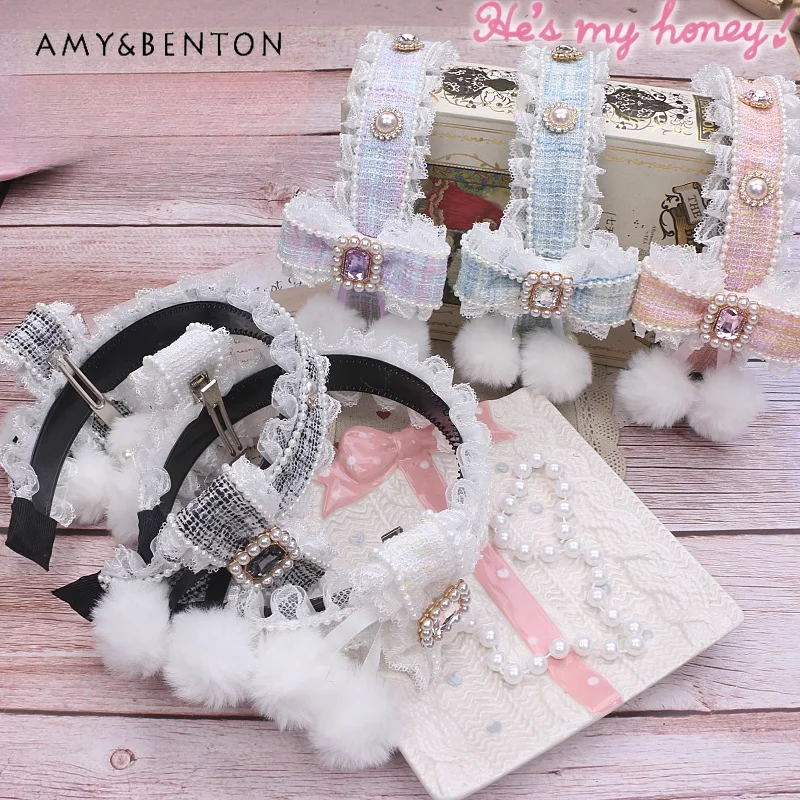 

Japanese Sweet Cute Hairball Rhinestone Love Hair Accessories Mine Headband Heavy Industry Lolita Tweed Headband Hairpin Sets