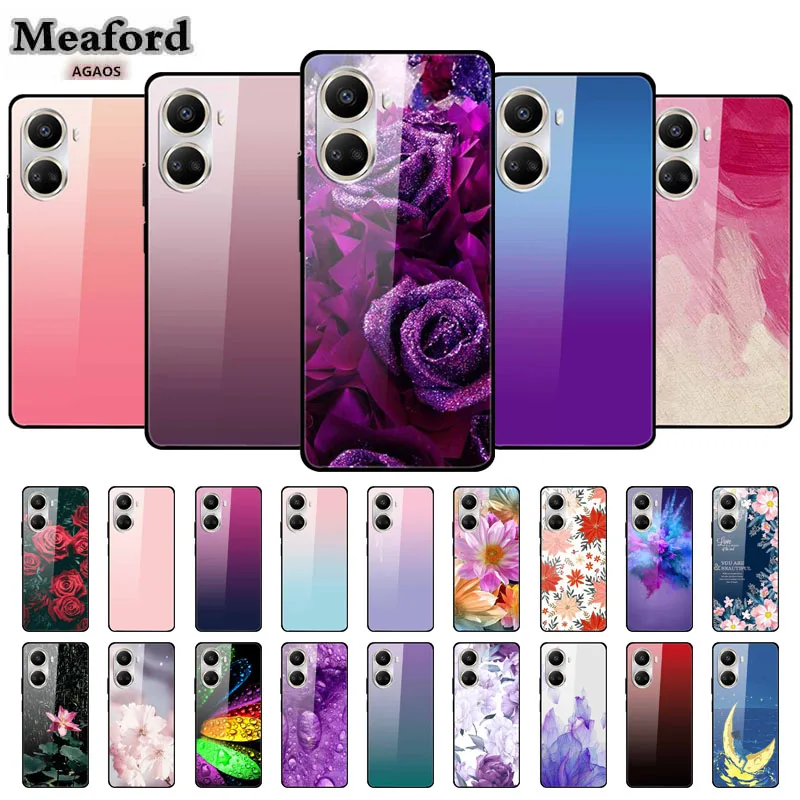 For Huawei nova 10 SE Tempered Glass Case Capa Coque Bumper on For Huawei nova 10 9 SE Phone Flowers Back Cover nova9 Hard Funda