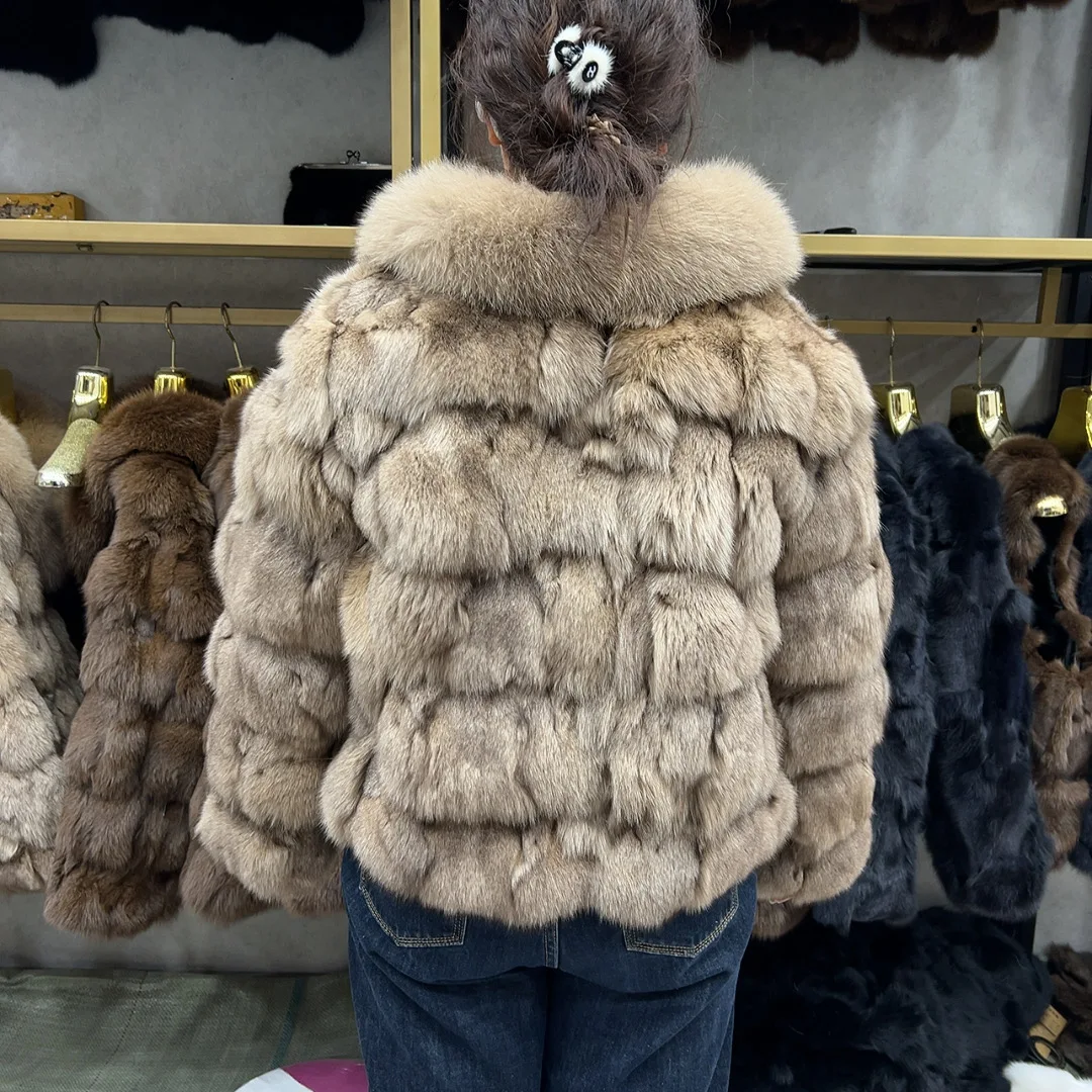 Chaqueta de Piel de Zorro Natural para Mujer HUA QIU MEI SI con Cuello de Zorro para el Invierno, Chaqueta Corta de Piel de Zorro Auténtica