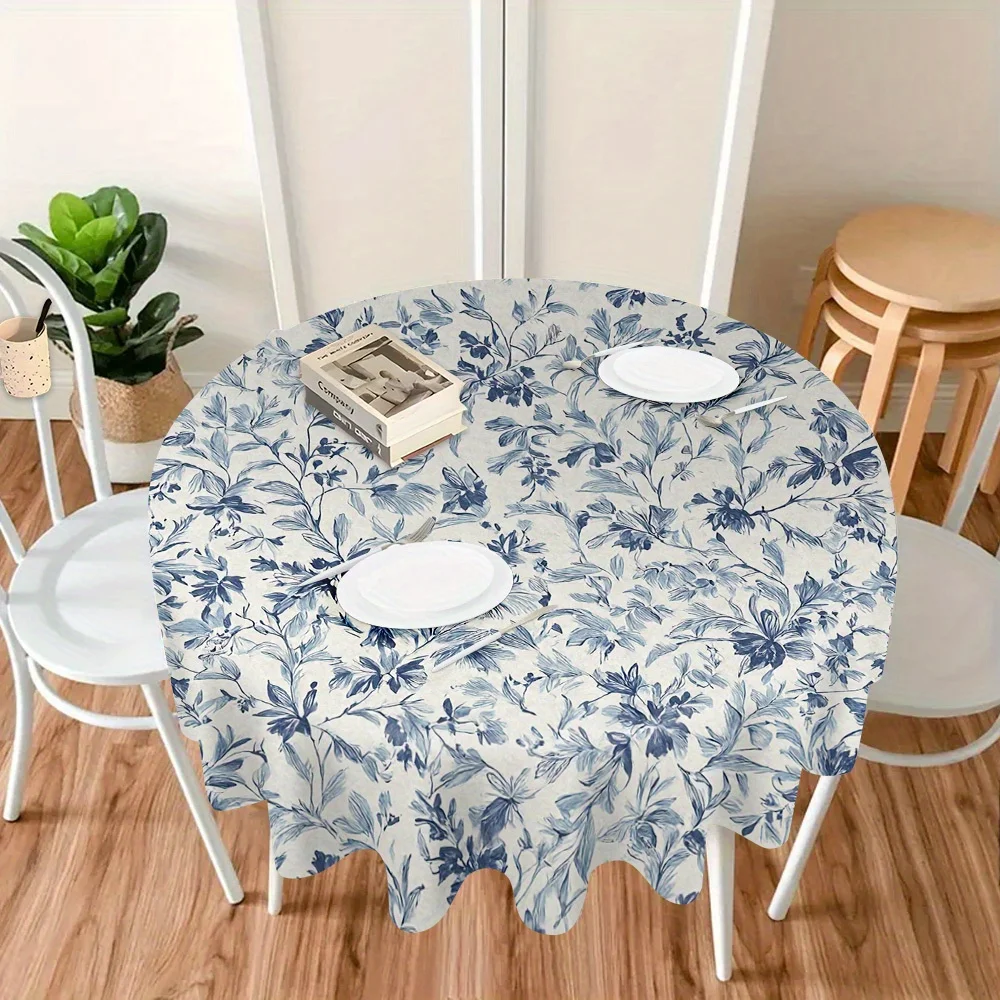1 blue floral whispering round table cloth, suitable for round table decoration, adding embellishment to home gatherings