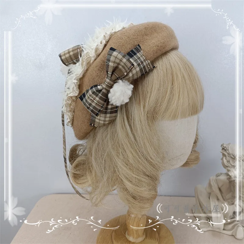 Original Design Lolita Beret Elegant Lady Model Wool Bud Hat Ancient Victoria Hat for Women