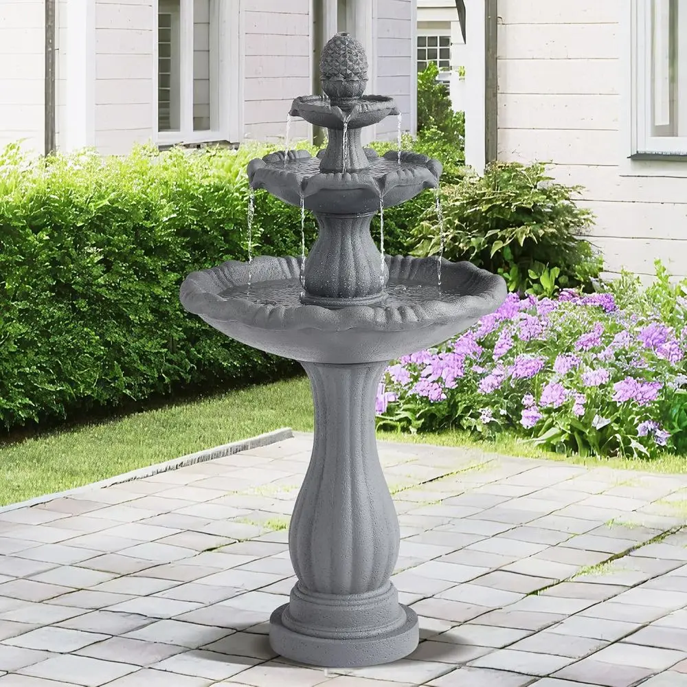 3-Tier Cascading Waterfall Outdoor, Gray | Floor Standing Water Feature with Pump for Patio, Yard, or Porch Decor