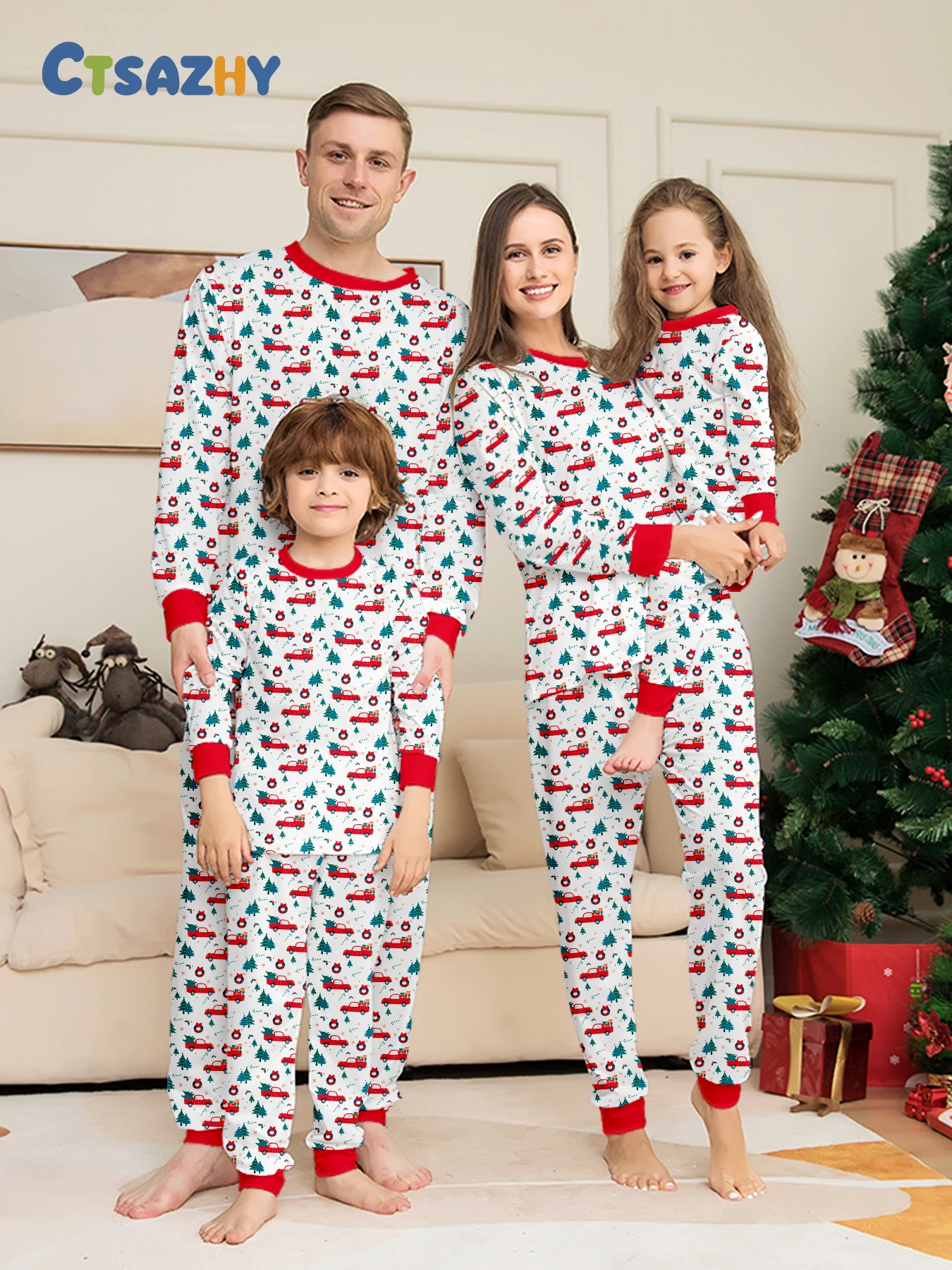 

Family Matching Xmas Sleepwear - White Pajamas with Red Cars & Green Trees Prints