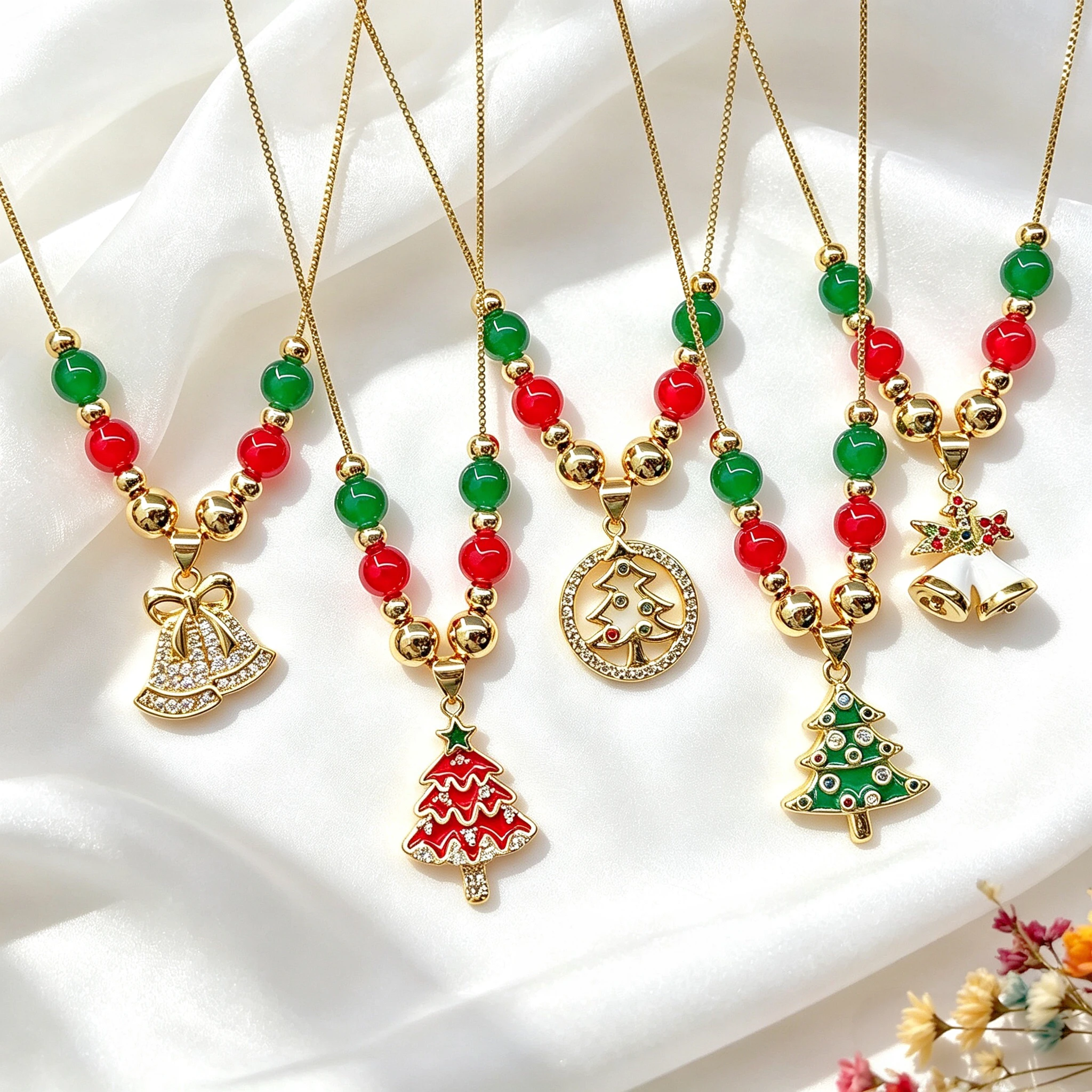 Hot Sale Christmas Beaded Enamel Xmas Tree Bell Stocking Reindeer Zircon Necklace for Women Party Neck Christmas Jewelry  Gift