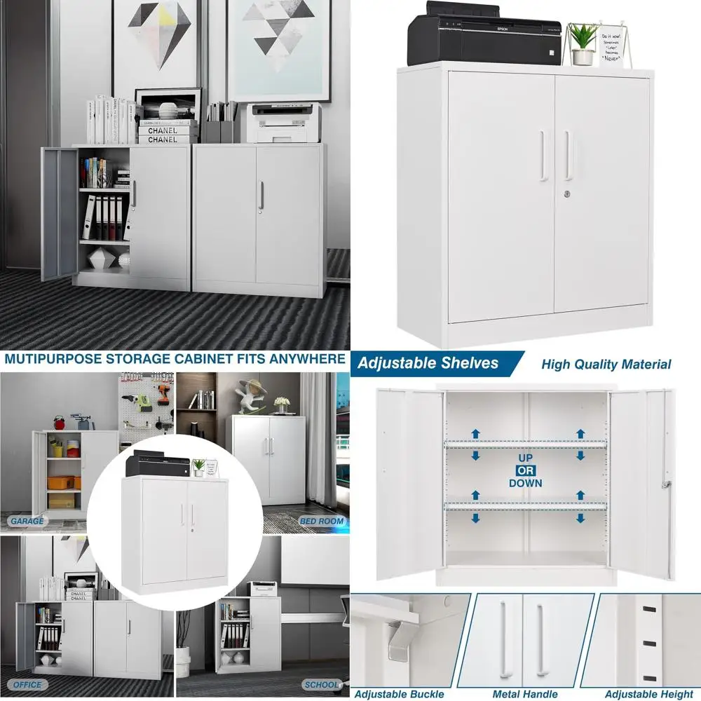 

36 White Steel Storage Cabinet with 2 Doors and Adjustable Shelves for Home, Office, Garage, and Kitchen