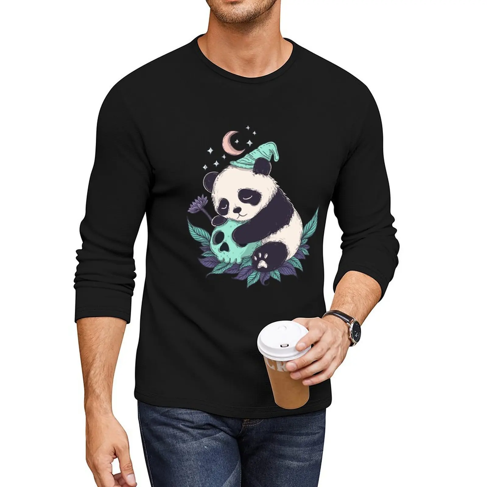

Sleepy panda and skull Long T-Shirt oversized t shirts Blouse anime clothes boys t shirts workout shirts for men