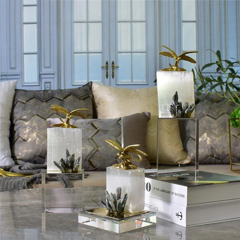 

Brass Dragonfly Decorative Crystal Ornaments Living Room Decoration Gold Plated Crystal Base Ore Flower Crafts Furnishings