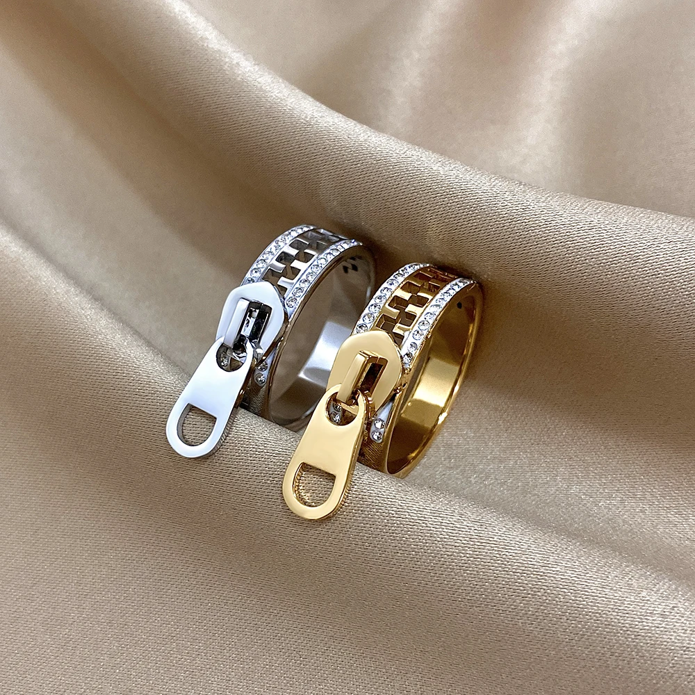 Greatera Zipper Cubic Zircon Filled Sparkly Buckle Bracelet Ring For Men Personality Design Stainless Steel Women\'s Jewelry