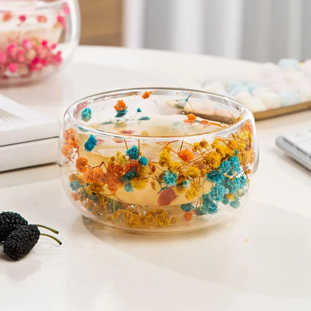 300ml Glass Bowl Double Walled Borosilicate Glass Bowl with Dried Flowers Artistic Decorative Soup Dessert Serving Bowl