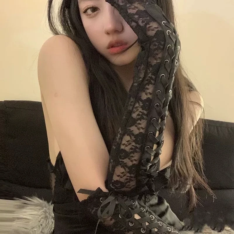 Women Sexy Floral Lace Elbow Length Half-Finger Gloves Black String Ribbon Ties Up Dance Party Fingerless Fishnet Mesh Mittens