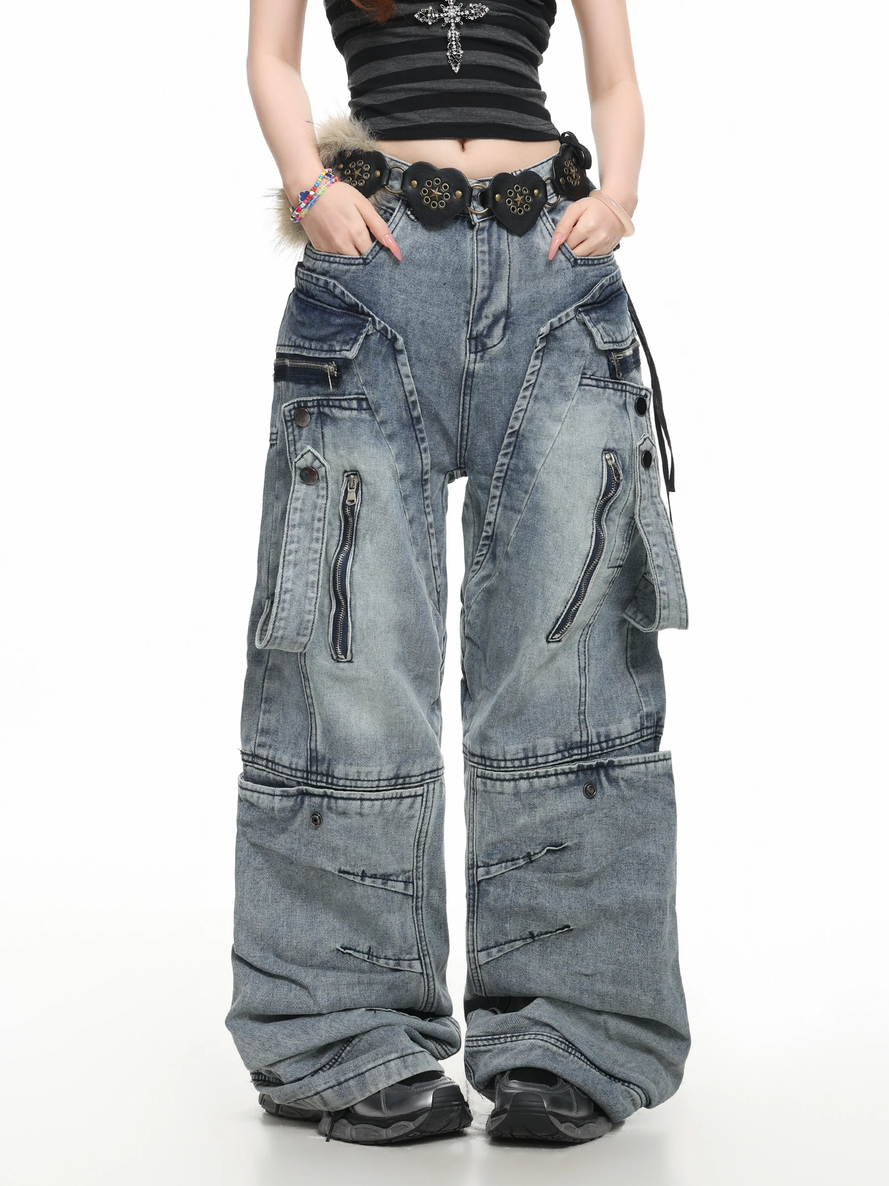 High Waist Wide Leg Workwear Denim Pants Women's Design Sense Heavy Duty Patchwork Floor Length Jeans American Street Style