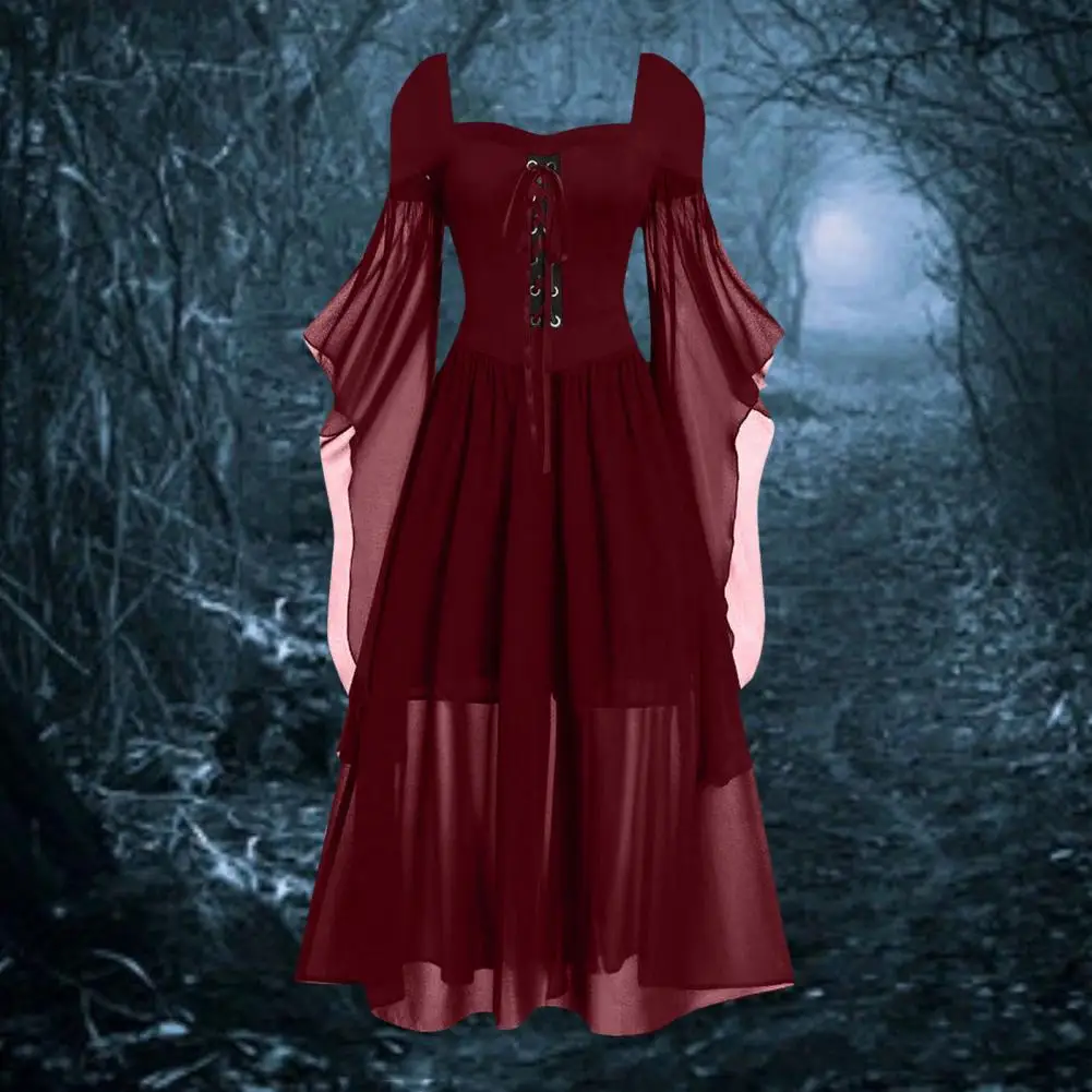 

A-line Silhouette Dress Vintage Women's Dress Irregular Horn Sleeve A-line with Big Hem Slim Waist Pleated Lace-up for Medieval