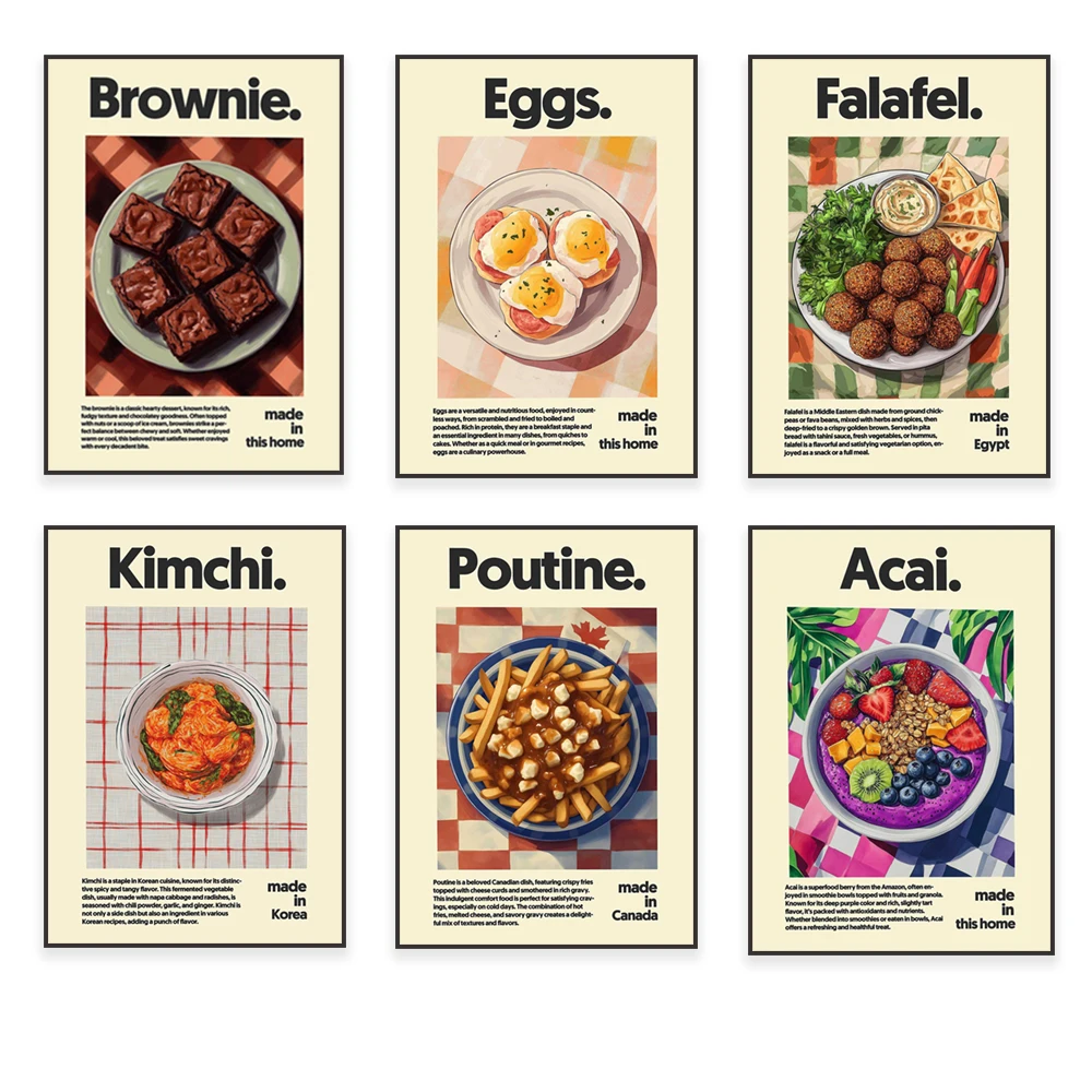 Korean kimchi, coffee, baking, cheese, falafel, Peking duck, acai bowl, eggs, culinary art, food wall art, kitchen decor poster