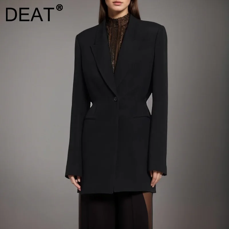 DEAT moda minimalista chaqueta negra solapa de mujer Slim Fit cintura contracción traje de un solo botón chaqueta novedad de verano 7AB9247