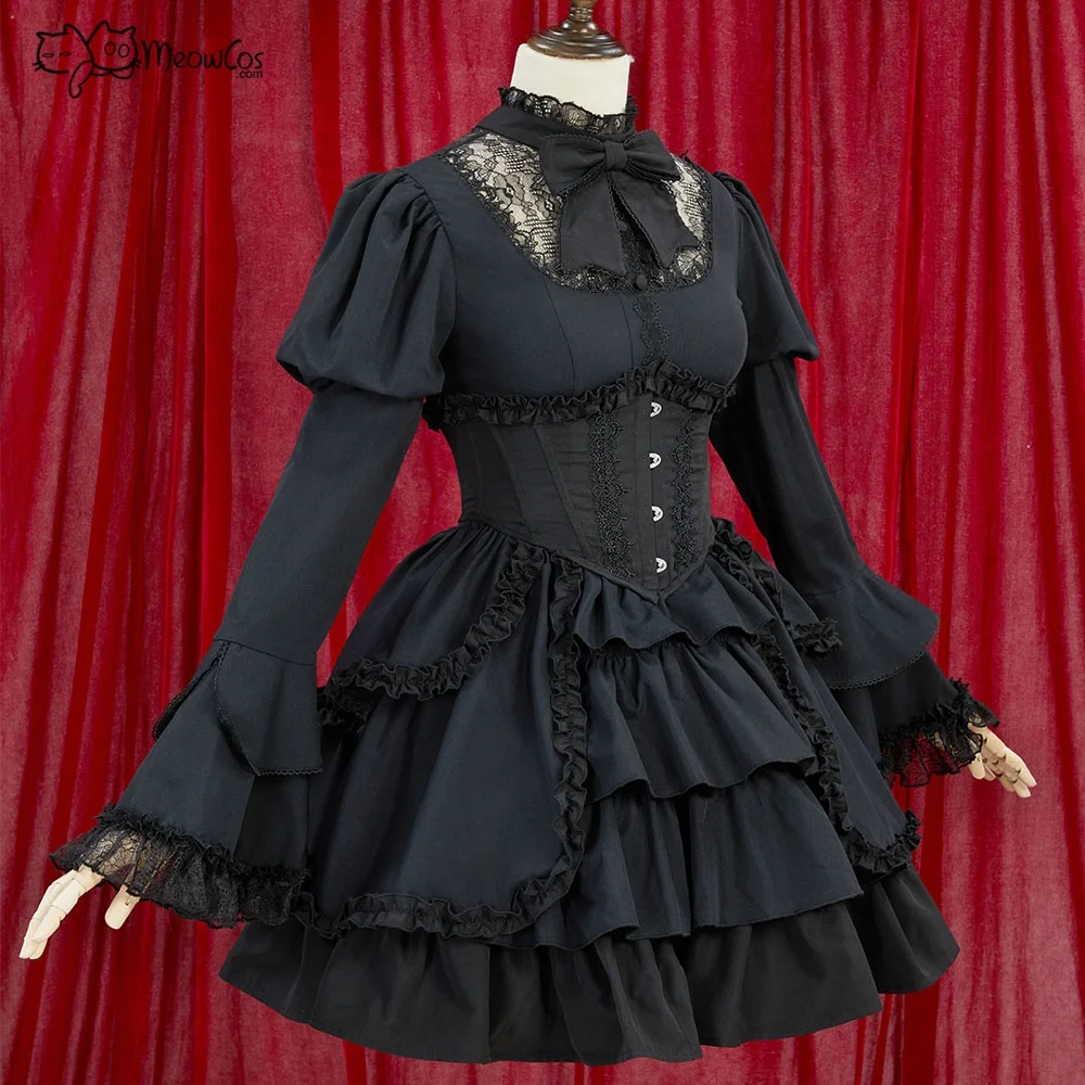 US Stock MEOWCOS Victorian Gothic Halloween Black Dress Vintage Court Style Multi Layered Dress with Corset Cosplay Costume view 2