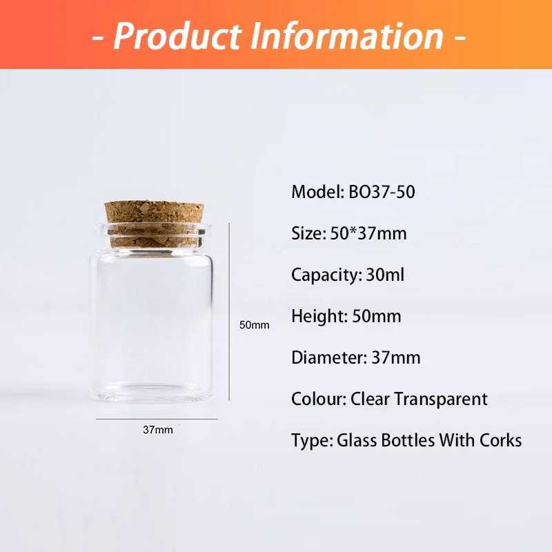 50*37mm 30ml Glass Bottle With Cork Test Tube Stopper Spice Bottles Container Simple Jars Vials DIY Practical Craft 12pcs/Lot